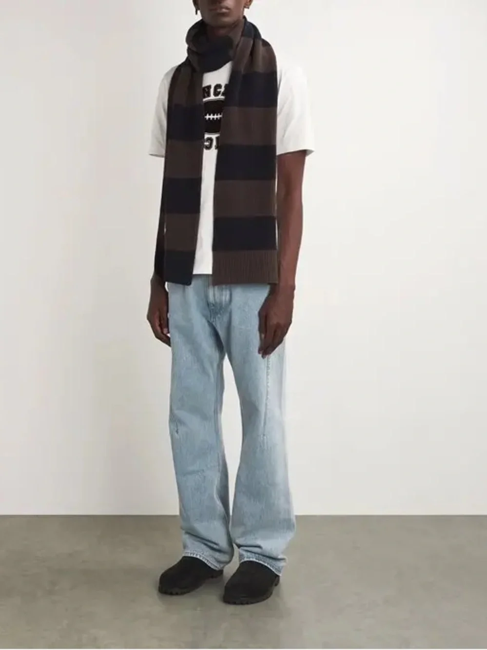 Moncler Navy Brown Striped Knit Scarf Logo Patch